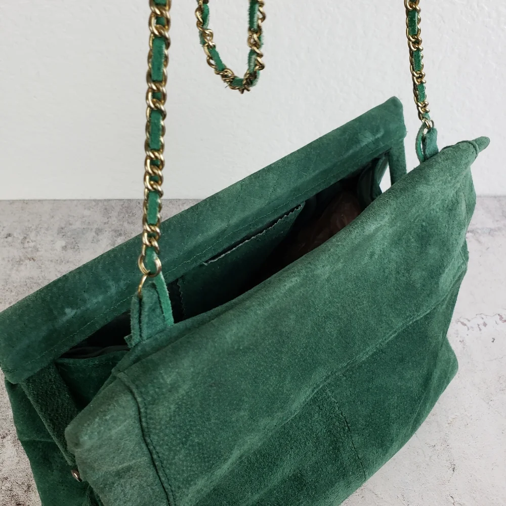 Vintage Suede Leather Purse Bag Emerald Green Crossbody Big Mouth Chain Strap